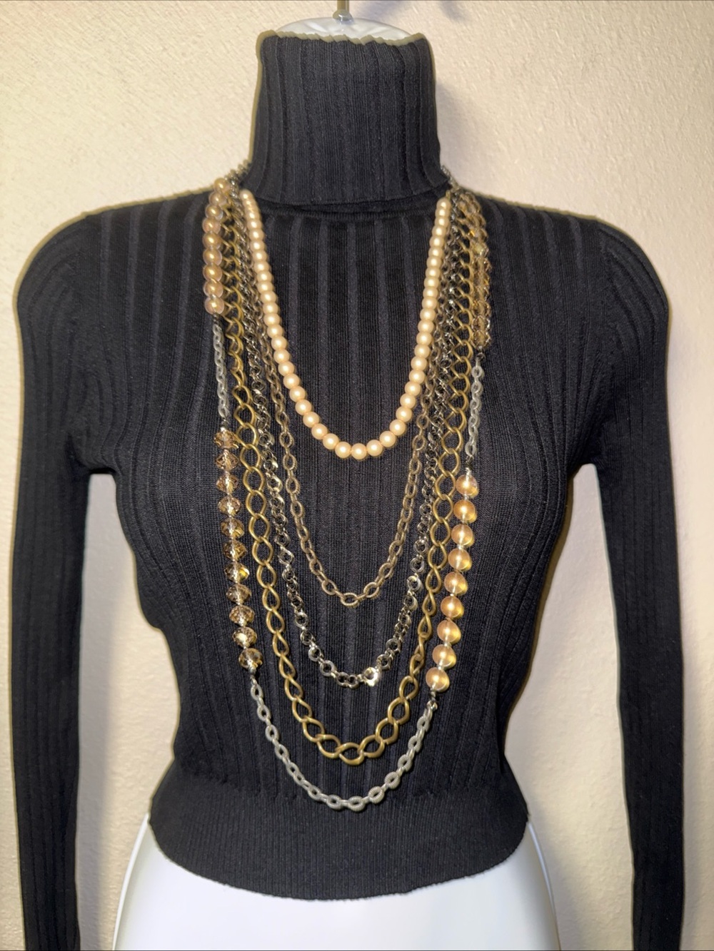 Boutique Five Strand three Tone Metal Chain/Beaded Necklace